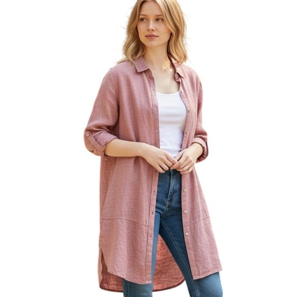 Tahari Shirt Dress Women M Pink Excellent 100% Linen Roll Tab Sleeve Tunic